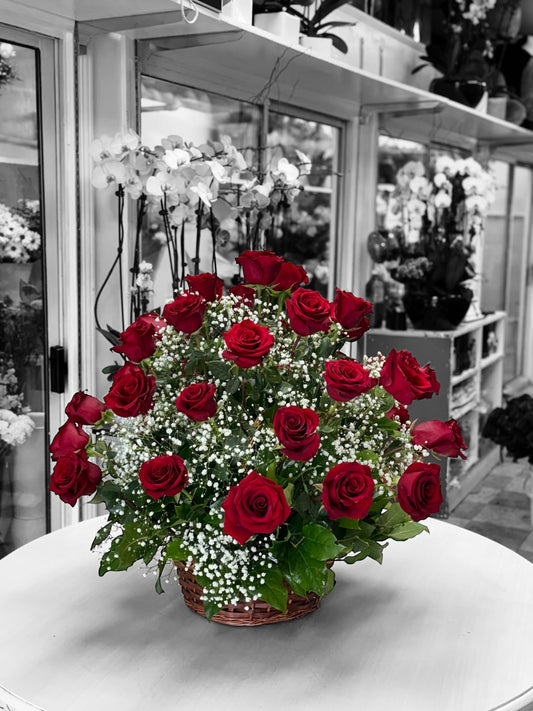 30 Beautiful Red Long Stems Roses in A Basket Arrangement image 1