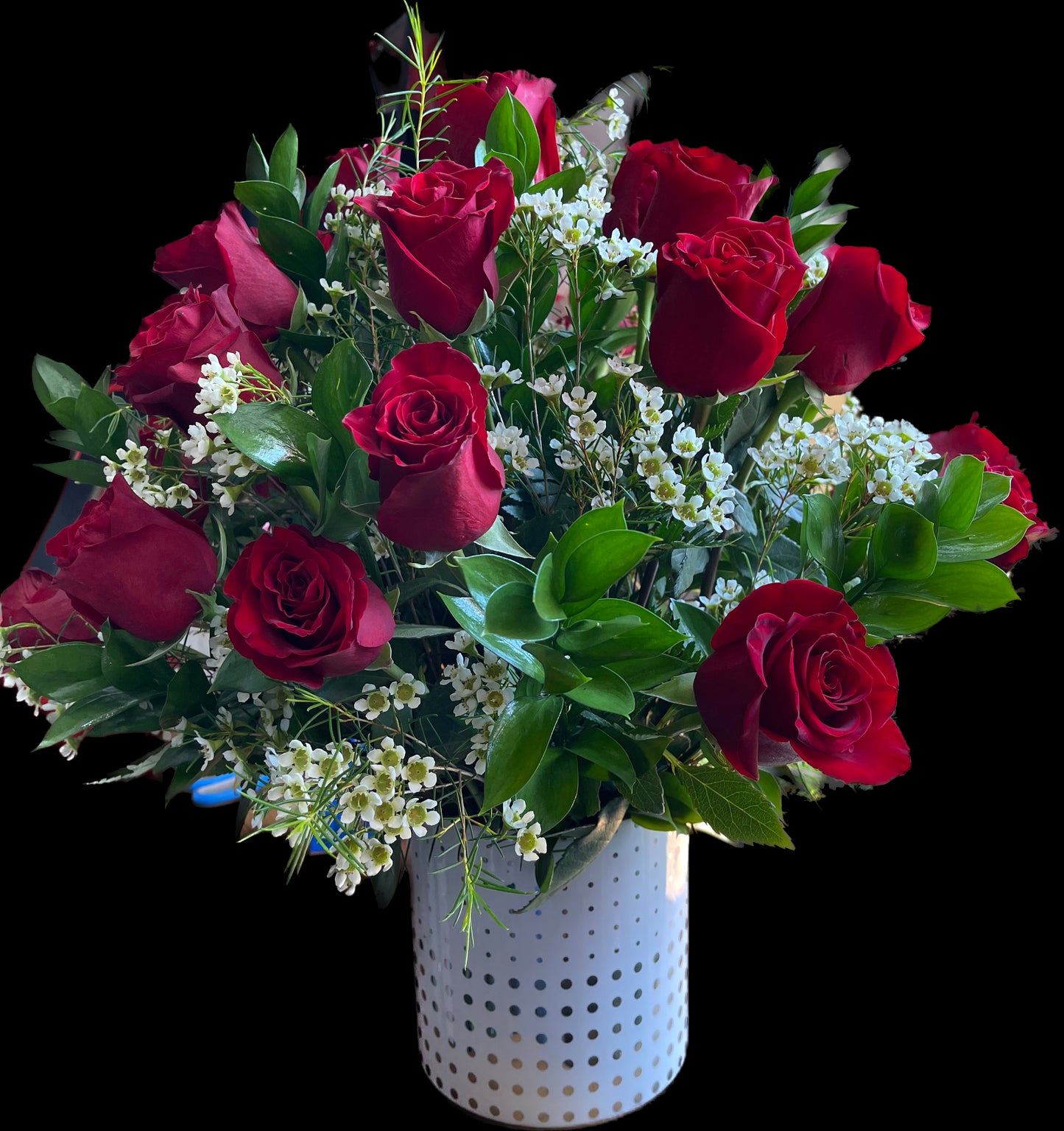 18 Premium Roses in White or Black Ceramic vase plus greens image 0