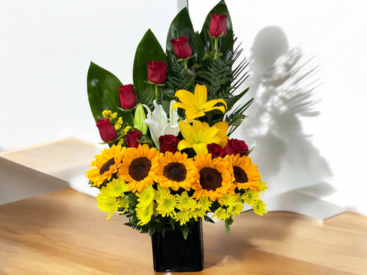 Beautiful Arrangement of Roses and Sunflowers plus lilies image 1