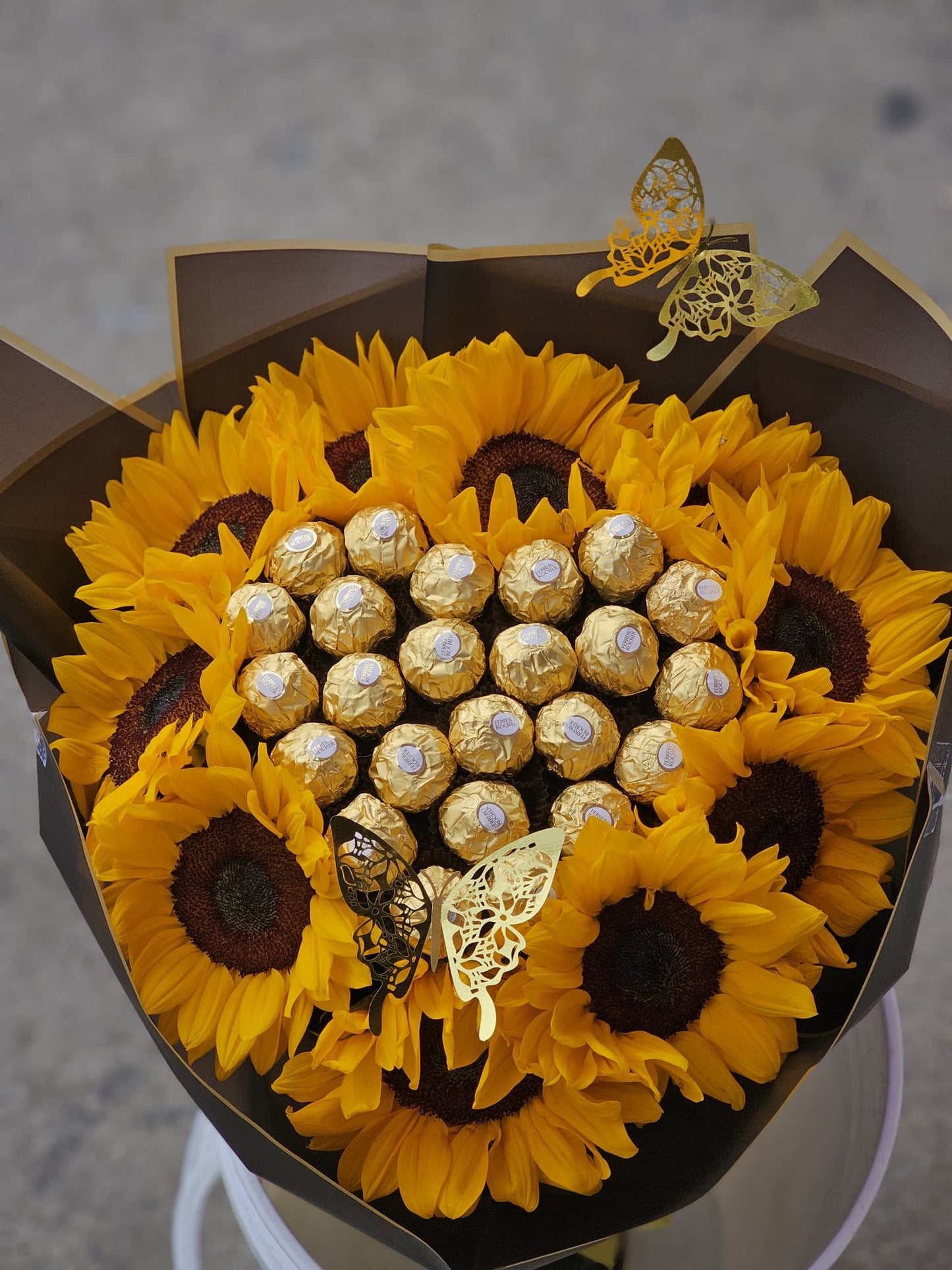 Beautiful bouque of Premium Sunflowers and Chocolate wrapped in Black Paper image 0