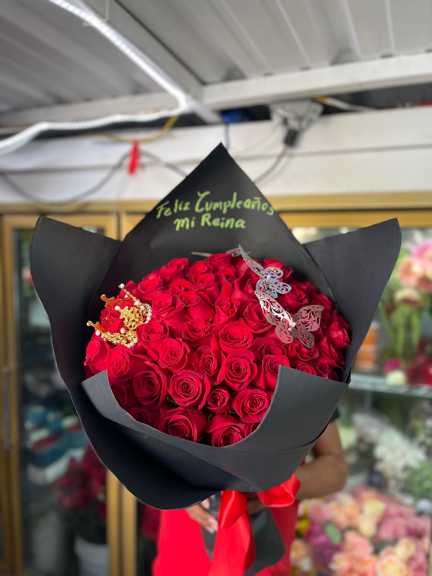 Beautiful Buchon of 75 Red Roses with crown and butterflies image 2