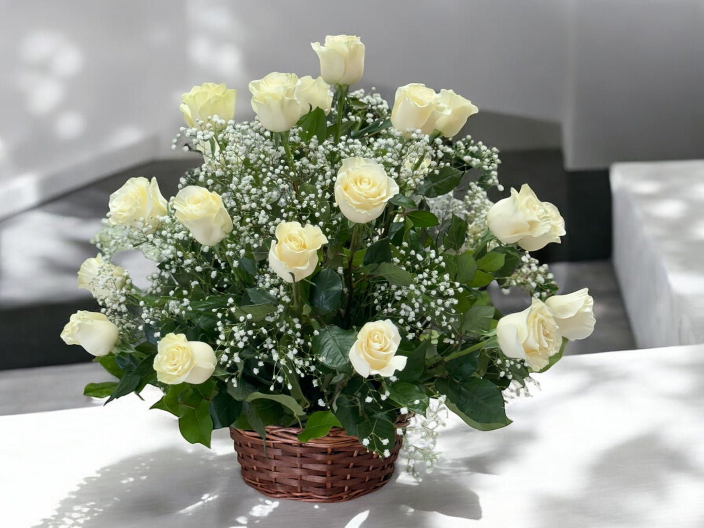 24 Beautiful White Roses Basket Arrangement image 0