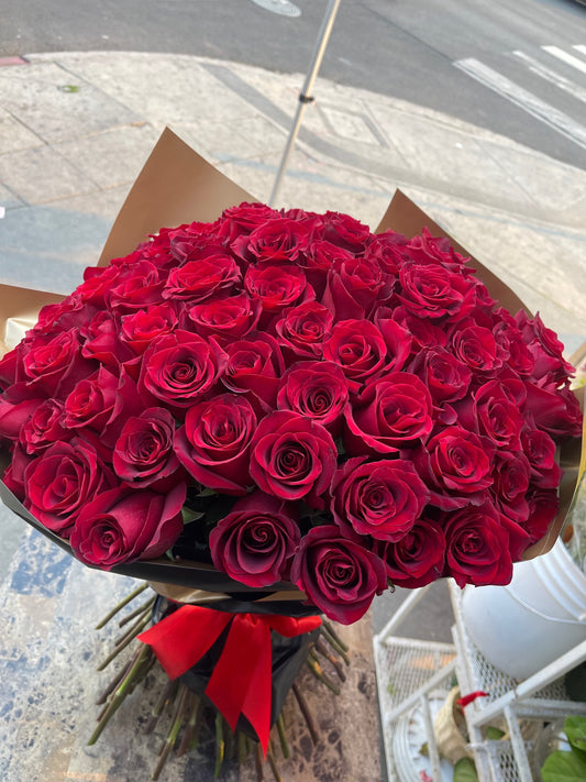 75 Beautiful Premium Red Roses wrapped in black Special Paper with Corona/crown image 1