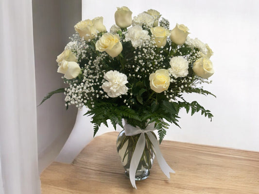 Beautiful White Long Stem Roses in Glass Vase image 1
