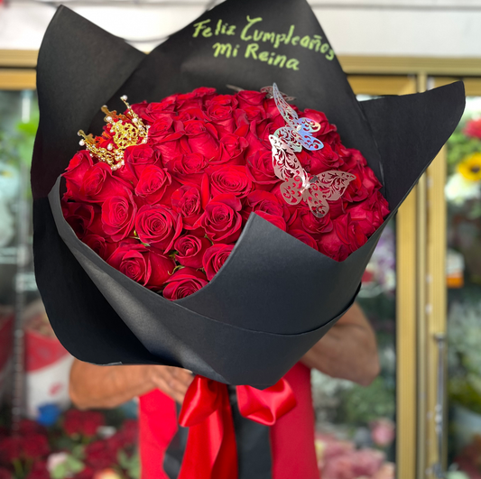 Beautiful Buchon of 75 Red Roses with crown and butterflies image 1
