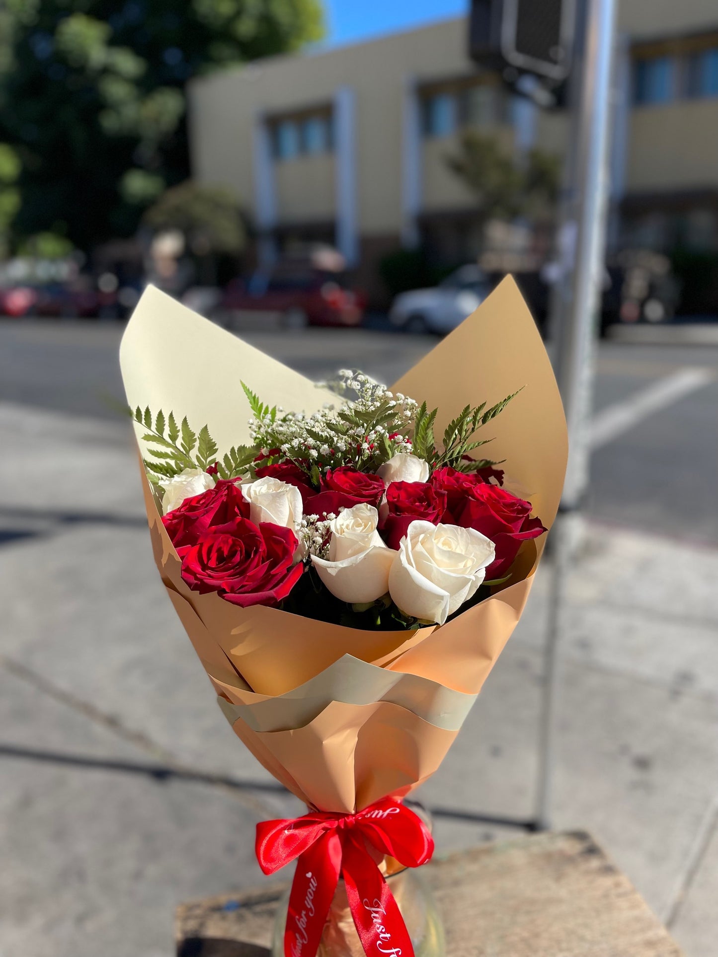 25 (2 doz+1) Premium Deep Red and white Roses Wrapped in black paper image 2