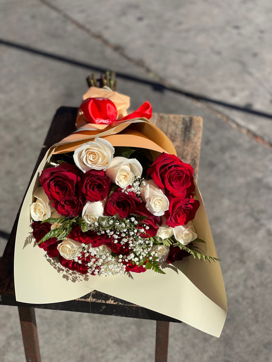 25 (2 doz+1) Premium Deep Red and white Roses Wrapped in black paper image 1