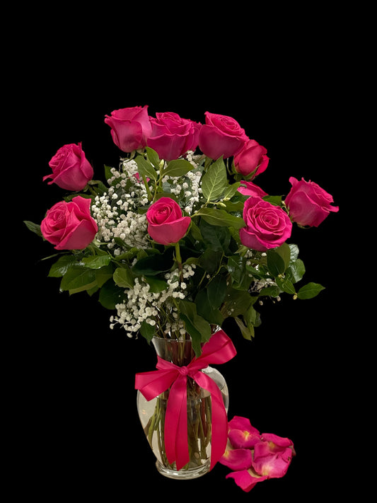 13 Premium Hot Pink Roses in Glass vase image 1