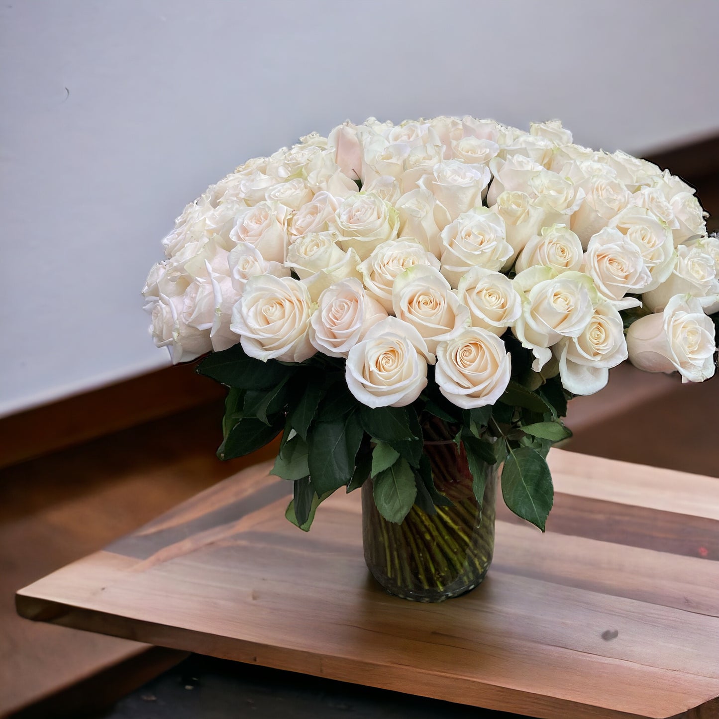 100 Beautiful Premium White Roses in a Glass Vase image 0