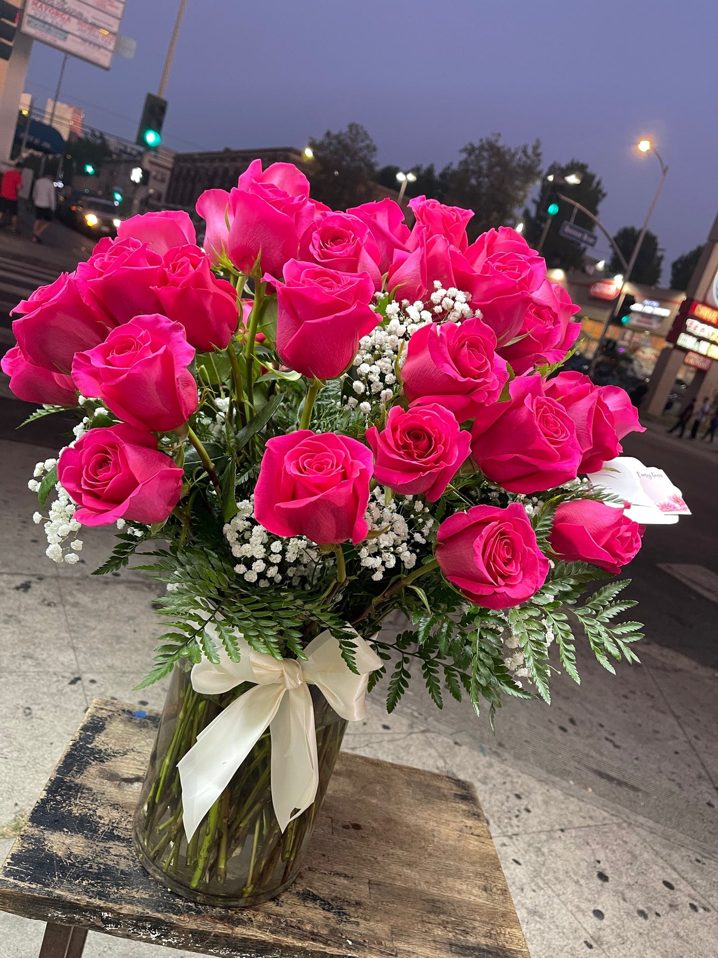 51 HOT PINK PREMIUM Roses in Heavy Duty Vase image 0