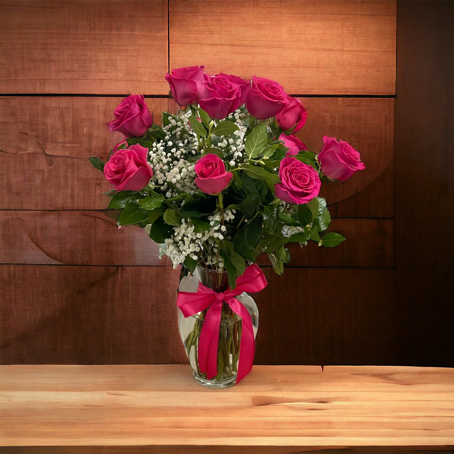 13 Premium Hot Pink Roses in Glass vase image 2