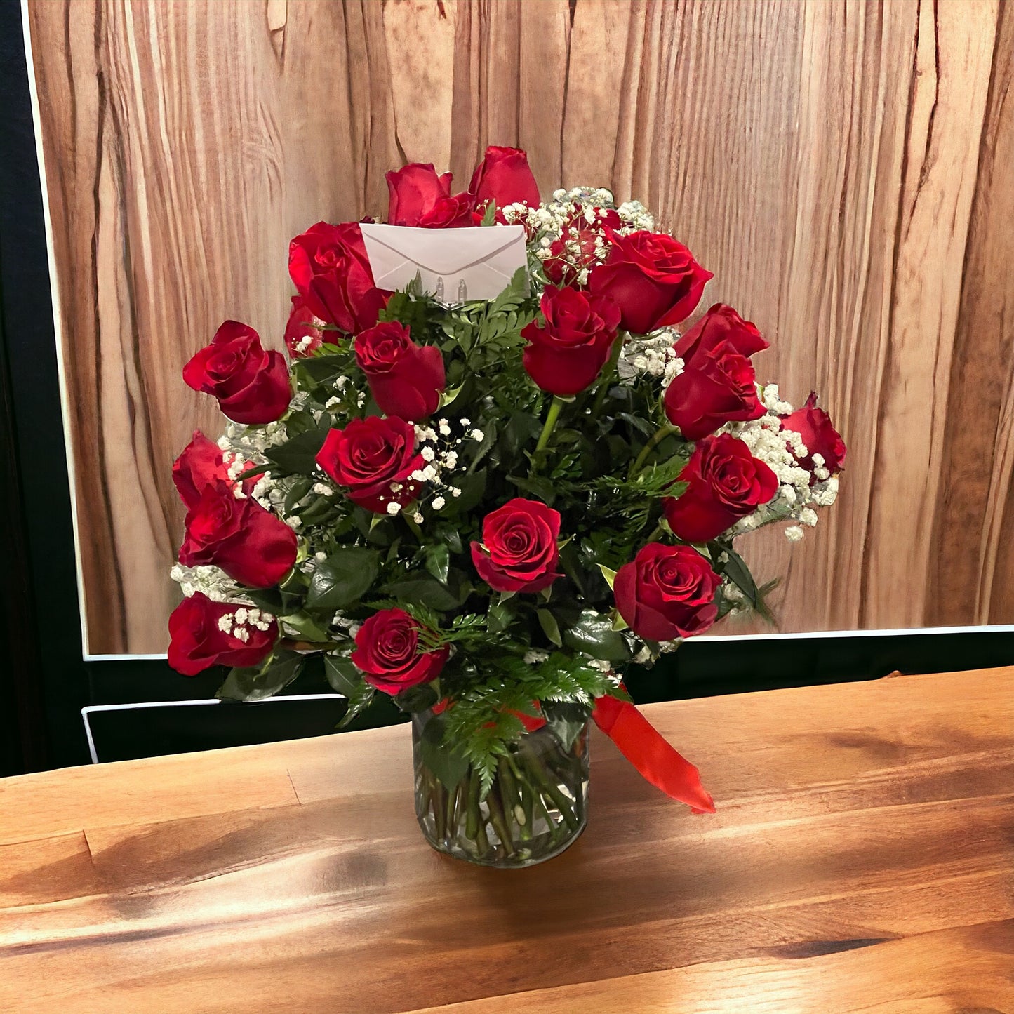 Beautiful 25 Deep Red Roses and glass vase image 2