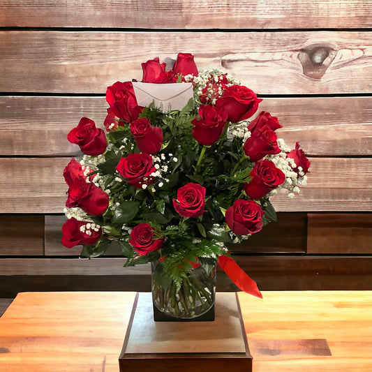 Beautiful 25 Deep Red Roses and glass vase image 1