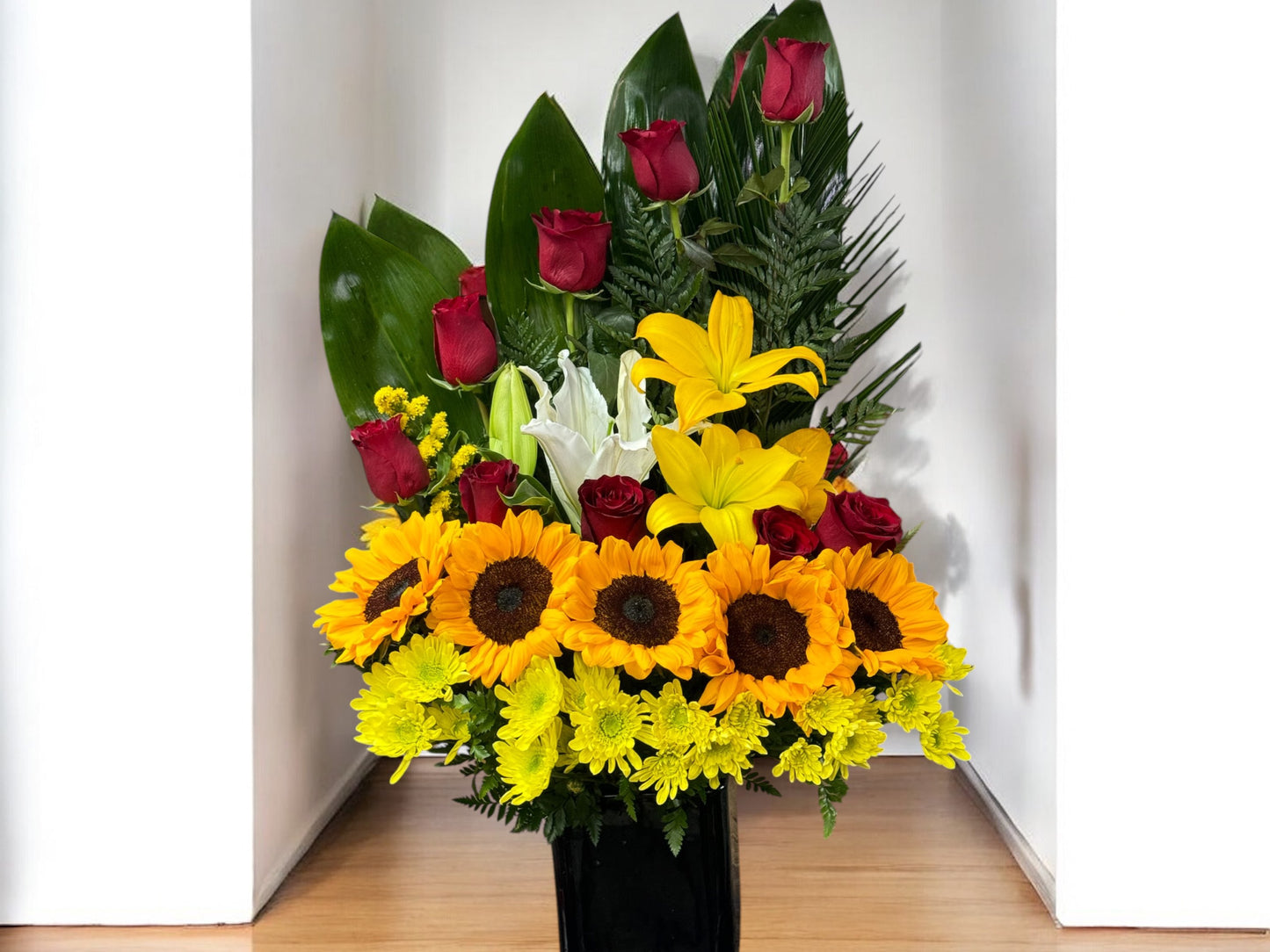 Beautiful Arrangement of Roses and Sunflowers plus lilies image 3