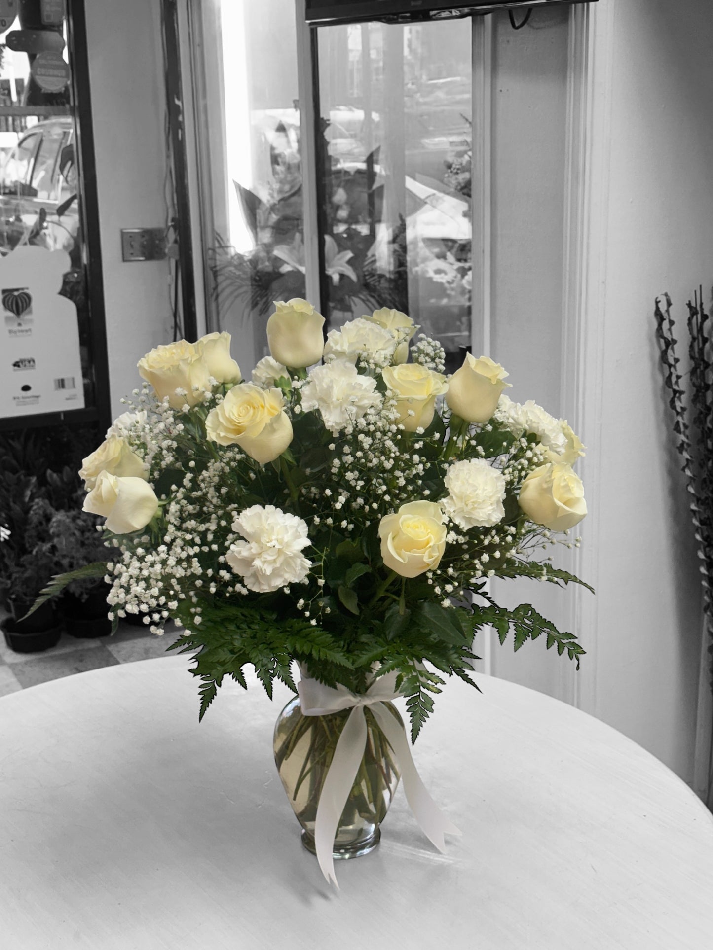 Beautiful White Long Stem Roses in Glass Vase image 0