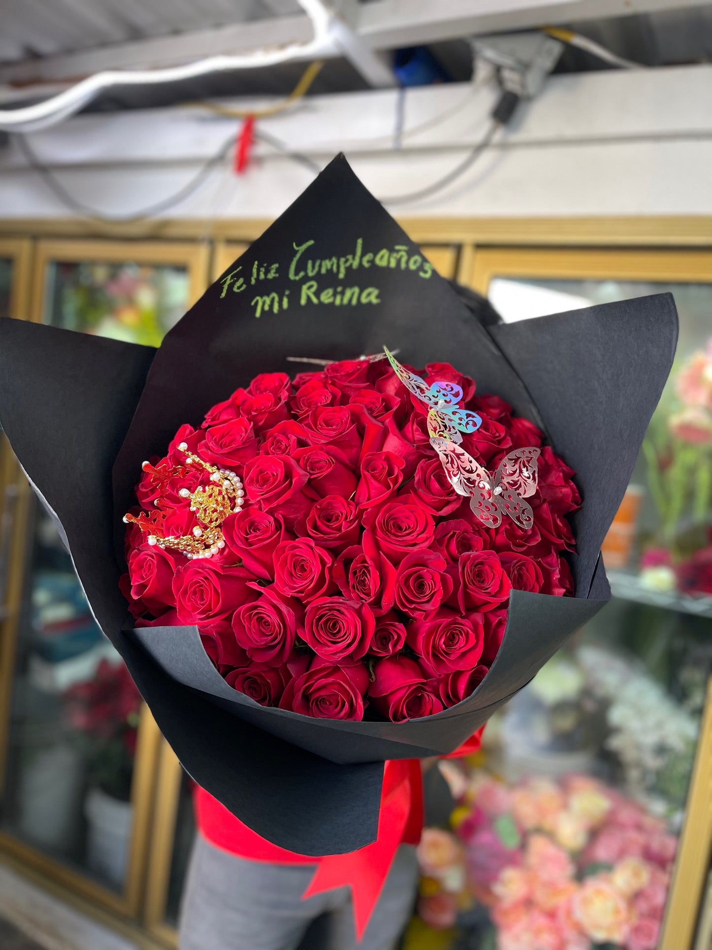Beautiful Buchon of 75 Red Roses with crown and butterflies image 0