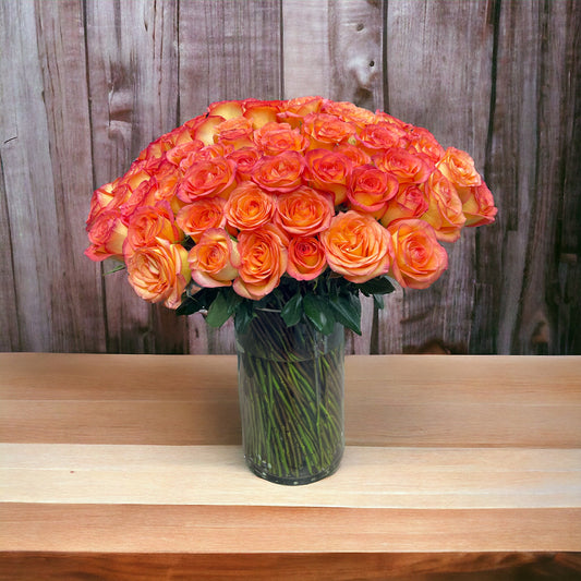 Beautiful 100 Skyfire Orange Roses in a Vase  image 1