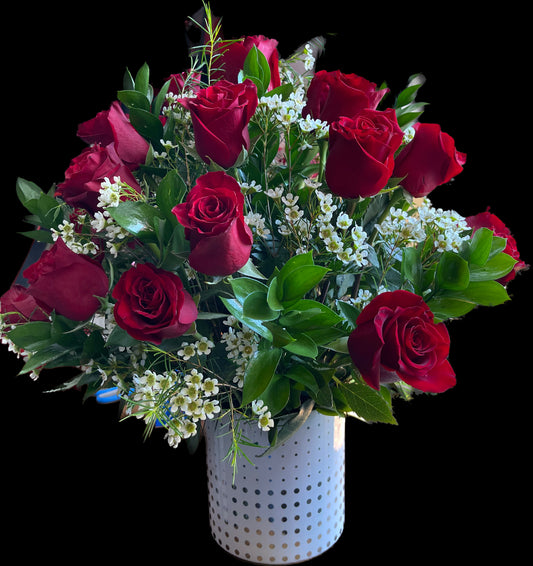 18 Premium Roses in White or Black Ceramic vase plus  greens  image 0
