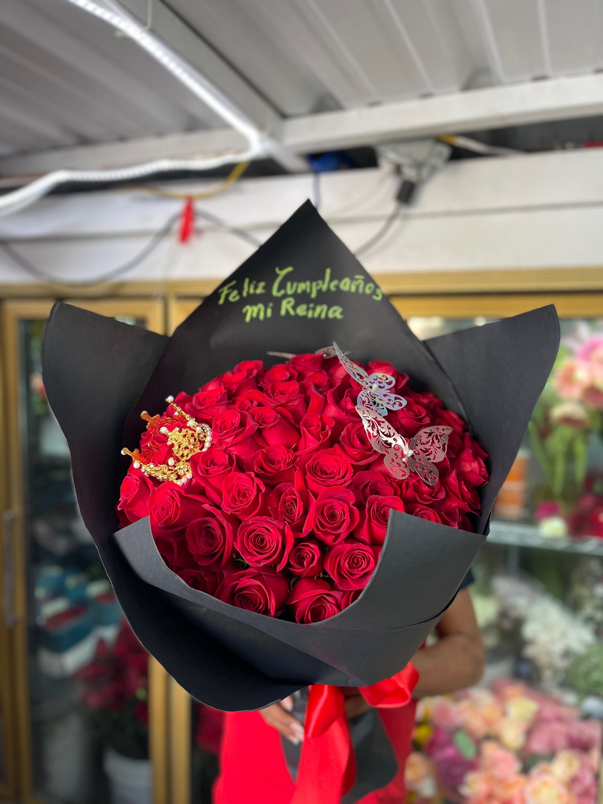 Beautiful Buchon of 75 Red Roses with crown and butterflies  image 2