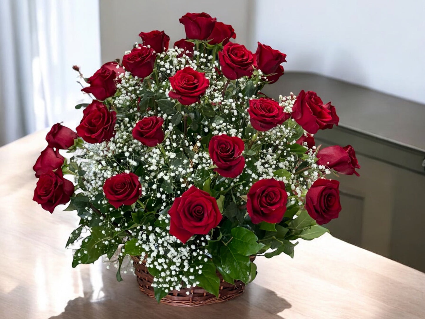 30 Beautiful Red Long Stems Roses in A Basket Arrangement  image 0