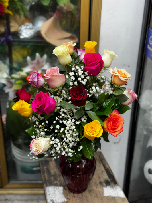 25 Beautiful Rainbow of Roses in a Glass vase  image 0