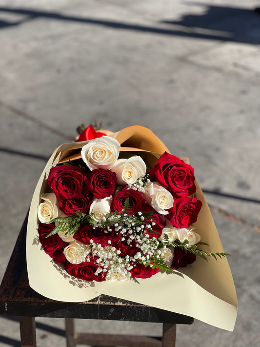 25 (2 doz+1) Premium Deep Red and white Roses Wrapped in black paper  image 0