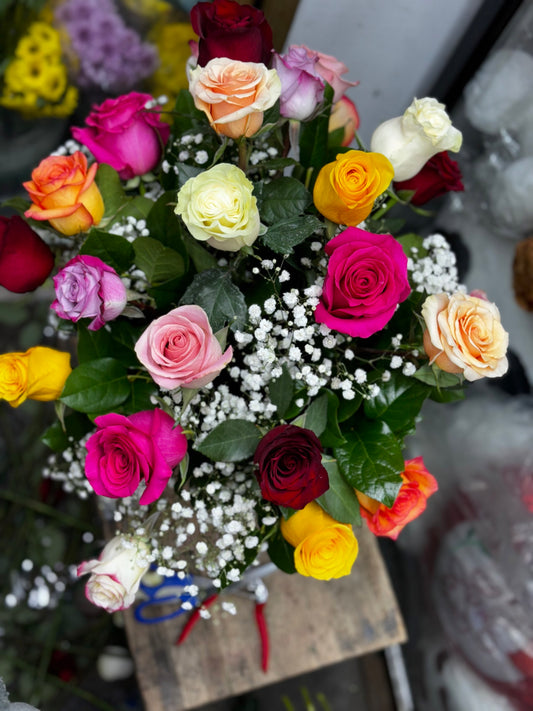 25 Beautiful Rainbow of Roses in a Glass vase  image 1