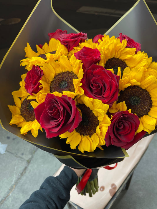 2 Dozen of Roses and Sunflowers wrapped in black paper (24 units)  image 0