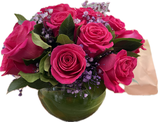 HOT Pink Roses like her Beautiful cheek (25 Premium Roses) in glass vase image 0