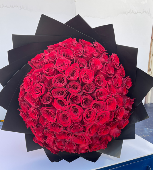 75 Beautiful Premium Red Roses wrapped in black Special Paper with Corona/crown image 0