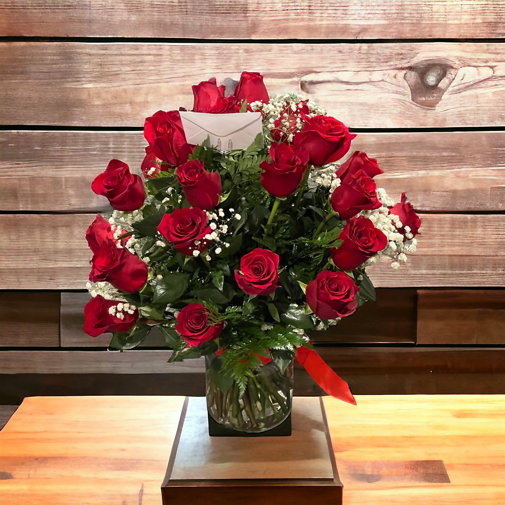 Beautiful 25 Deep Red Roses and glass vase  image 1