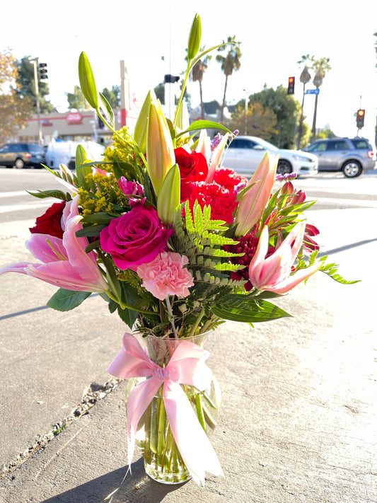 Scented Lilies and Roses plus Carnations and Greens in Glass vase image 0