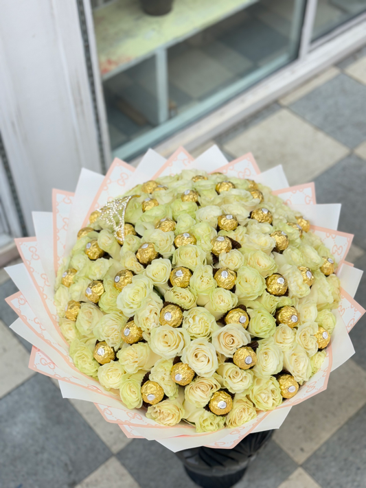 100 Beautiful Premium White Roses big Bouquet with Ferrero chocolate  image 1