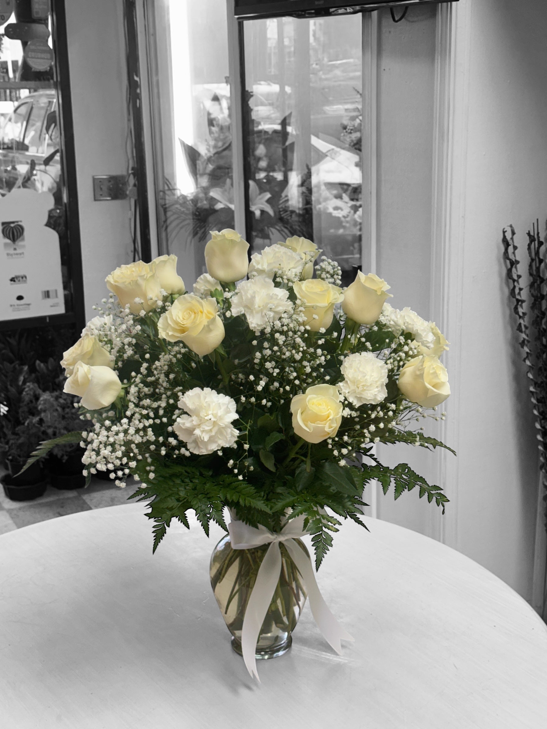 Beautiful White Long Stem Roses in Glass Vase  image 0