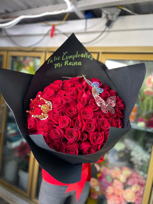 Beautiful Buchon of 75 Red Roses with crown and butterflies  image 0